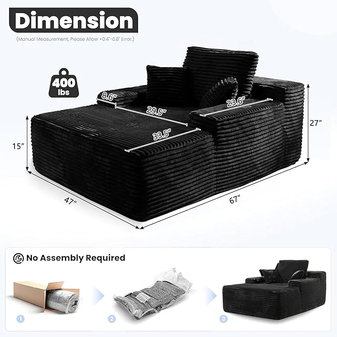 67”Chaise Lounge Chair Indoor Oversized Corduroy Boneless Chair Large Corduroy Upholstered Floppy ChairDeep Seat Sleeper CouchCloud Sofas Couches for Living Room No Assembly Required