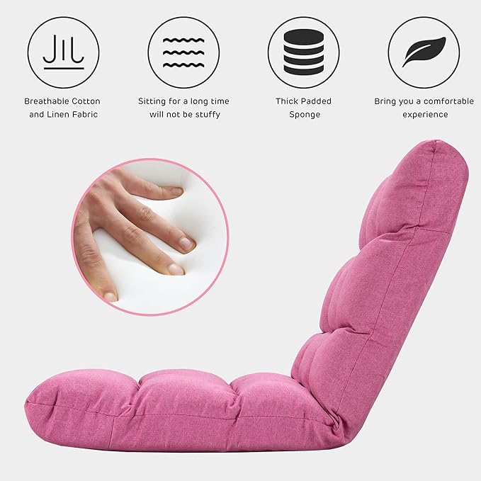 Giantex Adjustable Floor Gaming Sofa Chair 14-Position Cushioned Folding Lazy Recliner High Resilience Sponge Breathable Cotton &amp Linen Fabric Sleeper Bed Couch Recliner with Removable Cover (Pin
