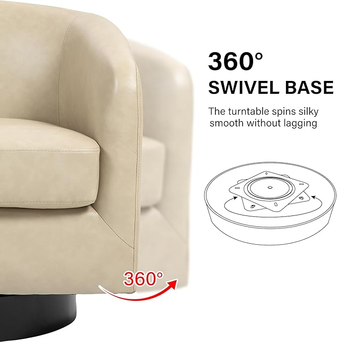 Swivel Barrel Accent Chair Modern Round Faux Leather Arm Chair for Living Room Bedroom Comfy Club Reading Chairs for Adults(Faux Leather Cream Set of 2)