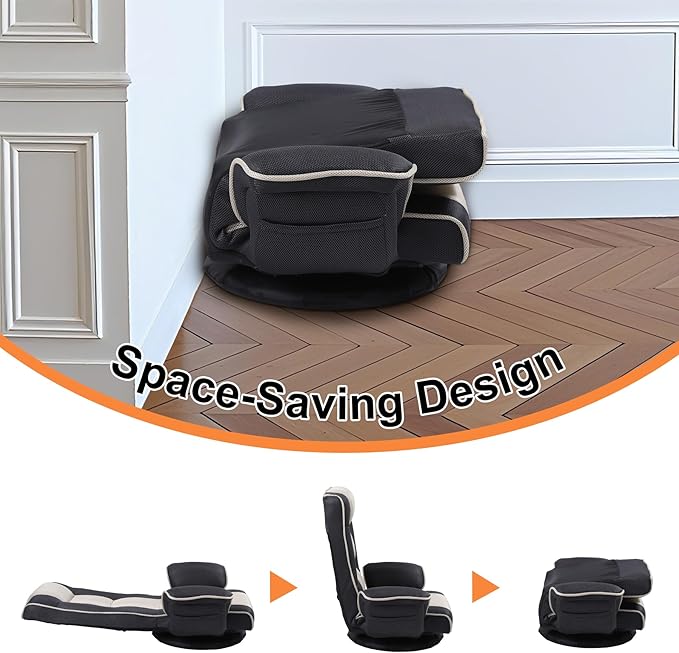 Swivel Floor Chairs for Adults Floor Gaming Chair with Extra Wide Arms Back Support 14 Angles Adjustable Comfortable Double Mesh Fabric Lazy Sofa for Video Game Chairs 201 (Black+Beige)