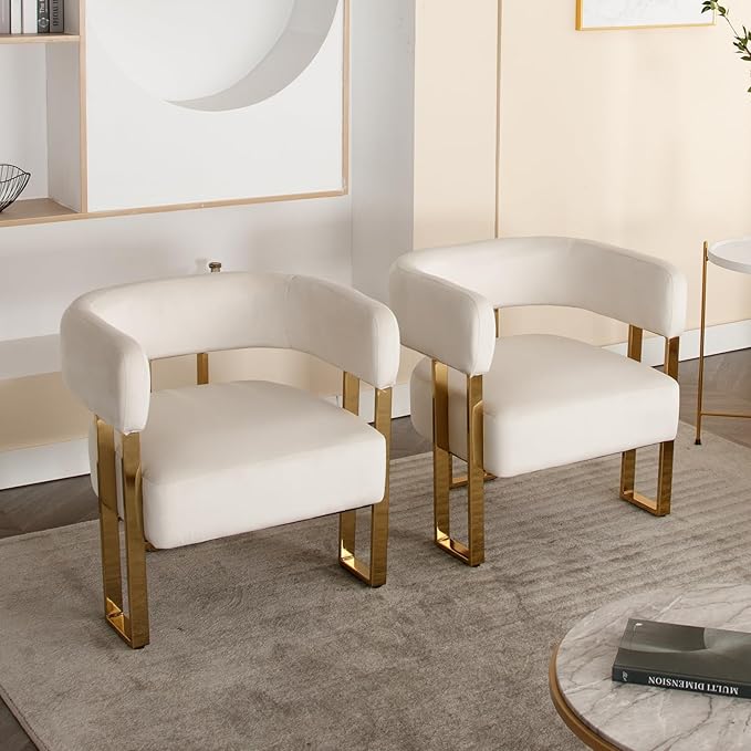 Barrel Accent Chair with Metal Frame Legs Modern Velvet Living Room Chairs Mid Century Upholstered Single Lounge Sofa Armchair for Living Room/Bedroom/Reading Room Beige