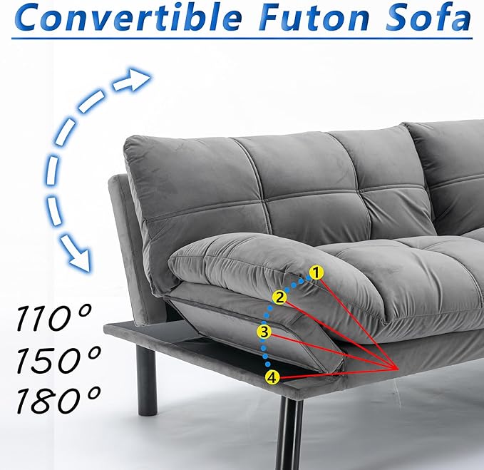 71 Velvet Futon Couch Bed with Mattress IncludedConvertible Folding Sleeper Sofa Bed with Adjustable BackrestsModern Loveseat Sleeper for Living Room Bedroom Small Space Home Office (Grey)