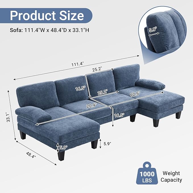 VINGLI 110 Sectional Couches for Living RoomU Shaped Couch with Double Chaise 4-Seat Sofa Set with Corduroy Fabric for Home FurnitureOcean Blue