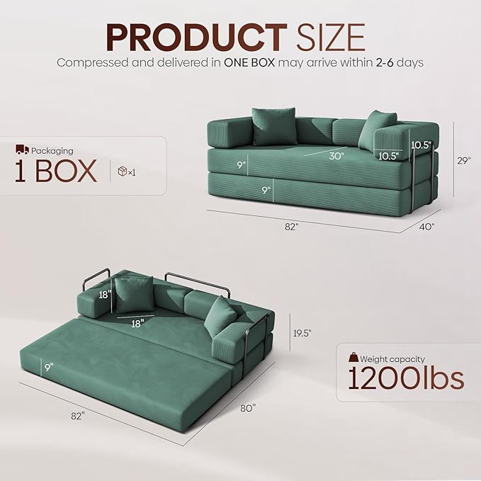 ARSURA 82” Teddy Couch Bed | Boneless Couch Bed for Living Room | Folding Sleeper Sofa Bed | Corduroy Green