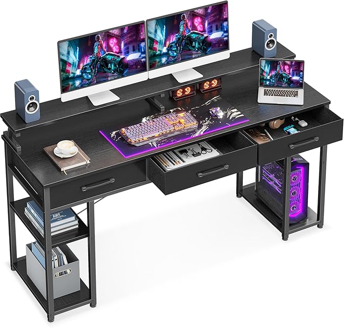 ODK 55 Inch Computer Desk with Power Outlets &amp 4 Drawers Home Office Desk with Monitor Stand &amp Shelves Grey
