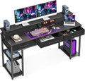ODK 55 Inch Computer Desk with Power Outlets &amp 4 Drawers Home Office Desk with Monitor Stand &amp Shelves Grey