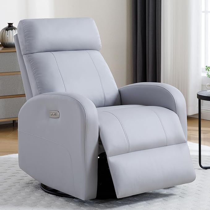 Power Swivel Rocker Recliner Faux Leather Rocking Recliner Chair with USB Port Swivel Glider Reclining Chair Nursery Recliners for Living Room Grey