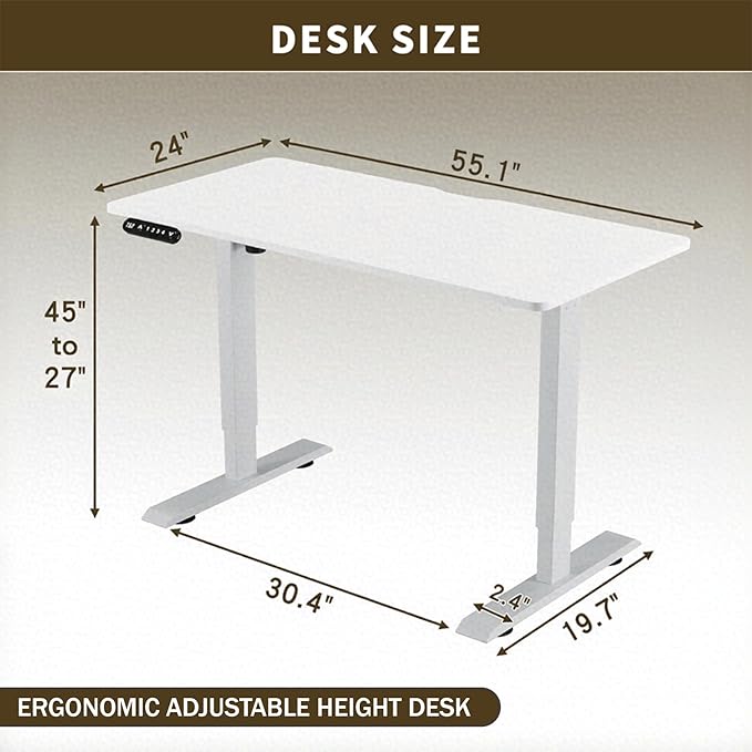 Electric Standing Desk 55 x 24 Inch Height Adjustable Desk Sit Stand Desk with Type-C Charging and Memory Preset Computer Desk for Home Office (White)