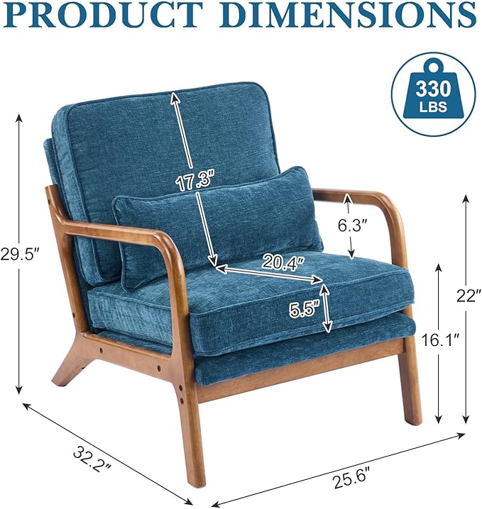 Karl home Mid Century Modern Accent Chair with Lumbar Pillow &amp Oak Arms – Plush Chenille Living Room Chair for Bedroom Lounge (Blue)