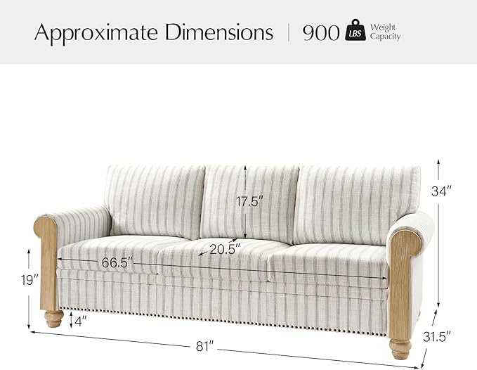 EcoHarbor Living 3-Seater Couch Stripe 81 Mid-Century Modern Upholstered Sofa with Armrests Stripe Couches for Living Room Bedroom Office Apartment