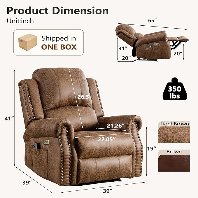 Classic 2 Electric Recliners with Massage &amp Heat for Adluts Faux Leather Power Recliner Chair with USB Port Overstuffed Heavy Duty Reclining Sofa with Rivets for Living Room Brown
