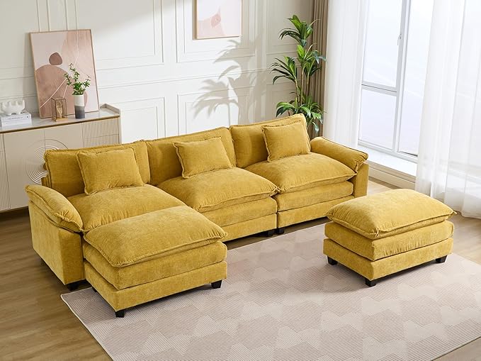 IPKIG 117 Sectional Sofa Cloud Couch Modern Chenille U-Shaped Couch Comfy Upholstered 3-Seat Sofa with 2 Ottoman 3 Lumbar Pillow Deep Seat Modular Sofa for Living Room Apartment Studio Yellow |