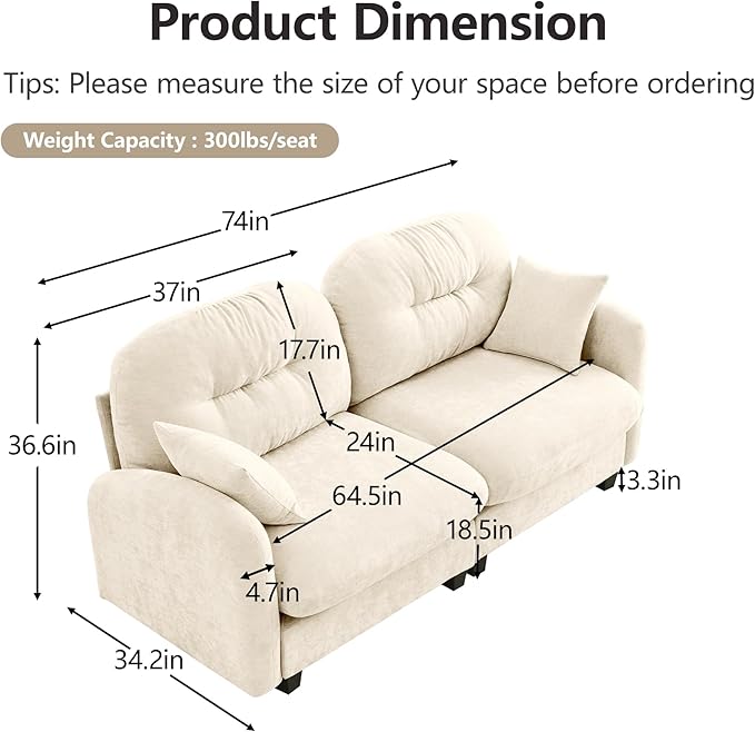 JULYFOX Button Tufted Fabric Couch 8 inch Overstuffed 24 inch Extra Deep Seat Button Tufted Back Mid Century Mordern Sectional Sofa Ottoman for Small Spaces (Beige)