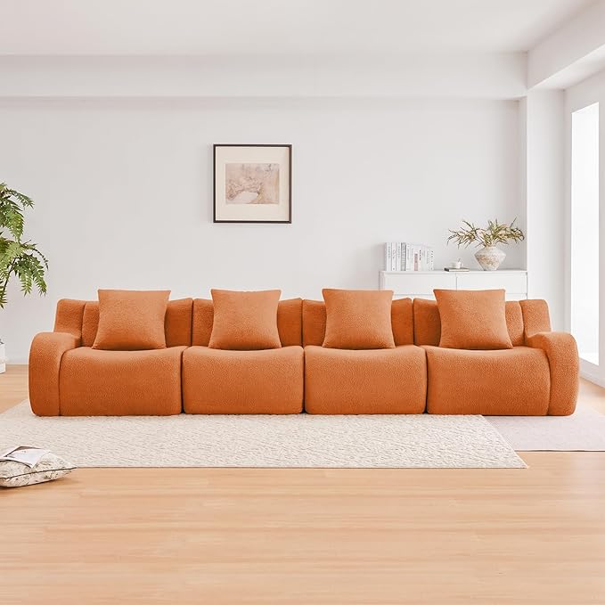 Orange 4-Seater Cloud Couch Modern Teddy Fabric Boneless Sectional Sofa in a Box for Living Room Modular Floor Couch Comfortable Deep Seat No Assembly Required Sofas para Sala