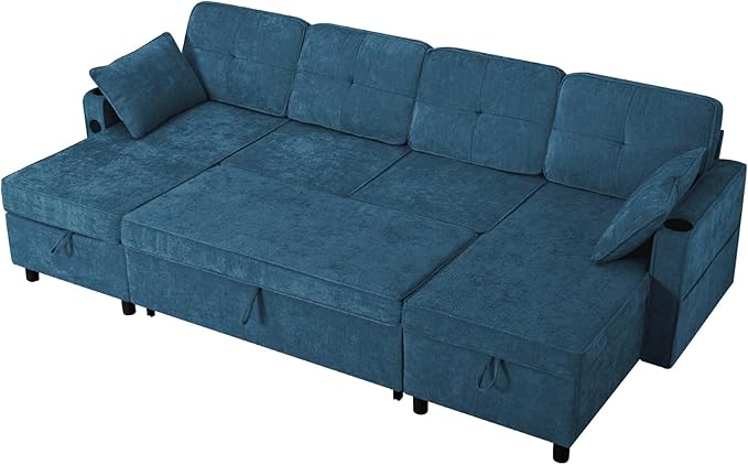 110 Inches Chenille Sectional Sofa w/Pull Out Sofa Bed &amp Adjustable Back Tufted U Shaped Couch w/Two Storage Chaises Sleeper Sectional Sofa w/USB Port &amp Cup Holders for Living Room Blue