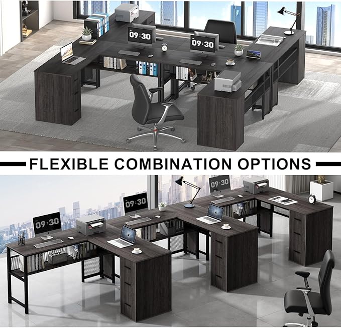 LVB L Shaped Desk Wood Metal Computer Desk with Drawer Industrial Corner Home Office Desk with Storage Cabinet for Bedroom Dark Gray Oak 59 Inch