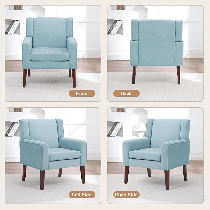 Accent Chairs Set of 2 Mid-Century Reading Chair with Wood Legs Upholstered Comfy Living Room Chair for Bedroom Apartment Waiting Room Light Blue