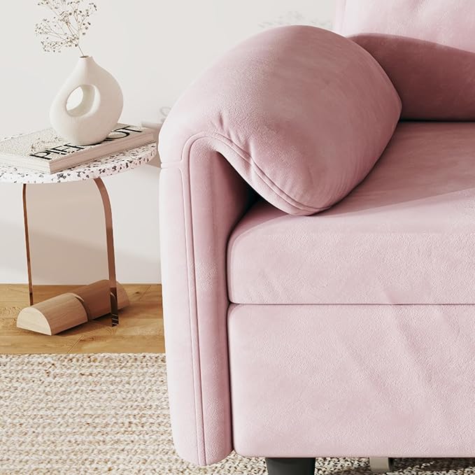KEIKI 3 in 1 Full Pull Out Sofa Bed with Adjustable Backrest &amp Side Storage Pockets Velvet Recliner Lounge Sofa for Small Living Spaces Pink
