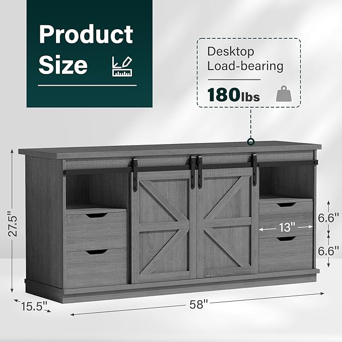 JUMMICO TV Stand with 4 Drawers for 65 Inch TV Farmhouse Entertainment Center with Storage and Sliding Barn Doors Rustic Media TV Console Cabinet with Shelves for Living Room Bedroom (Pale Gray)