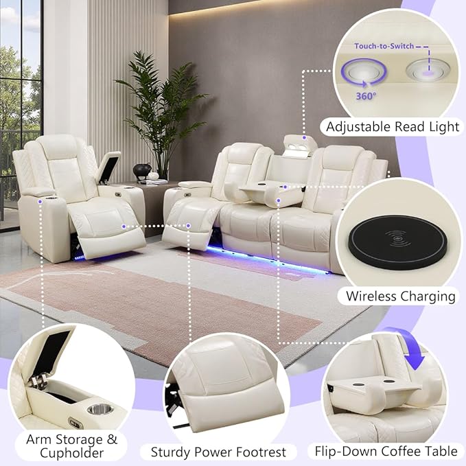 Power Theater Recliner Sofa Couch with LED Breathing Leather Reclining Couch Recliner Furniture for Living Room with Storage/Cup Holders/Read Light/Home Theater Seat Cream White(3 Seater)