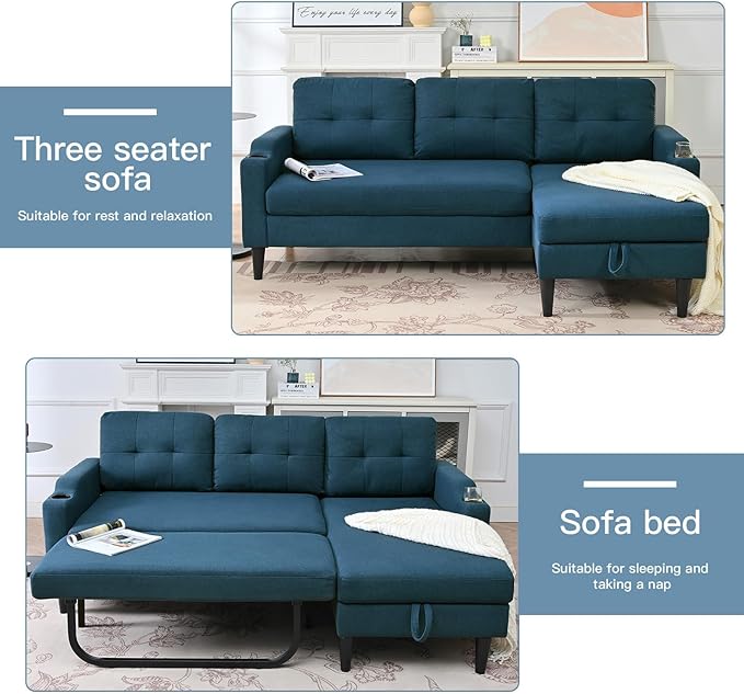 Convertible l Shape Sleeper Sofa Pull-Out Couch Bed with Storage Chaise Linen Upholstered Sectional Corner Apartment Couch with Side Pocket and Cup Holder Removable Backrest (Blue)