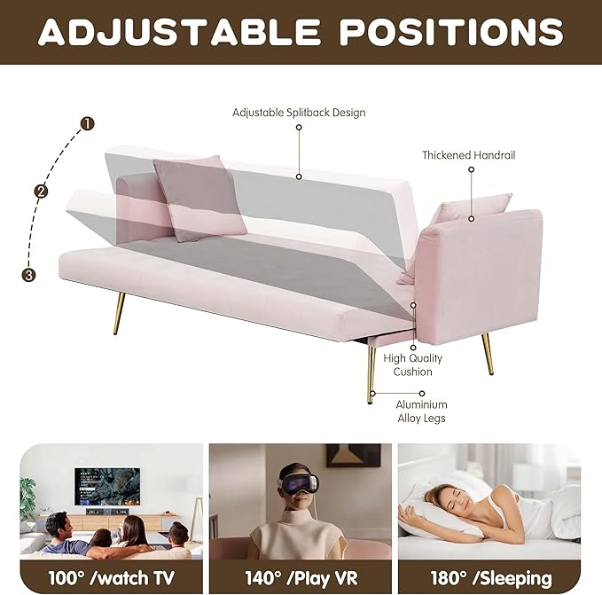 71Convertible Futon Sofa Bed - Modern Velvet Sleeper Couch with Adjustable Backrest Tufted Recliner with Golden Chrome Legs &amp 2 Pillows Perfect for Small Spaces Living Room &amp Apartment (Pi