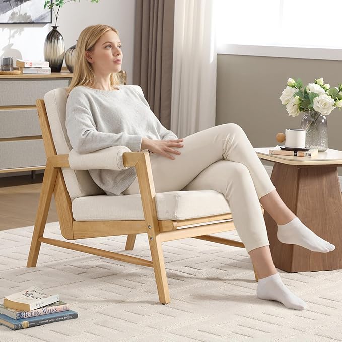 CIMOTA Mid Century Modern Accent Chair Set of 2 Linen Upholstered Living Room Chairs with Arms Comfy Reading Chair with Solid Wood Frame High Back for Bedroom Waiting Room Office Beige