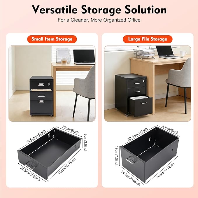 3-Drawer Metal File Cabinet Mobile File Cabinet with Lock Rolling Vertical Filing Drawers Under Desk for Home Office 11 * 16 * 18.3in (Black)