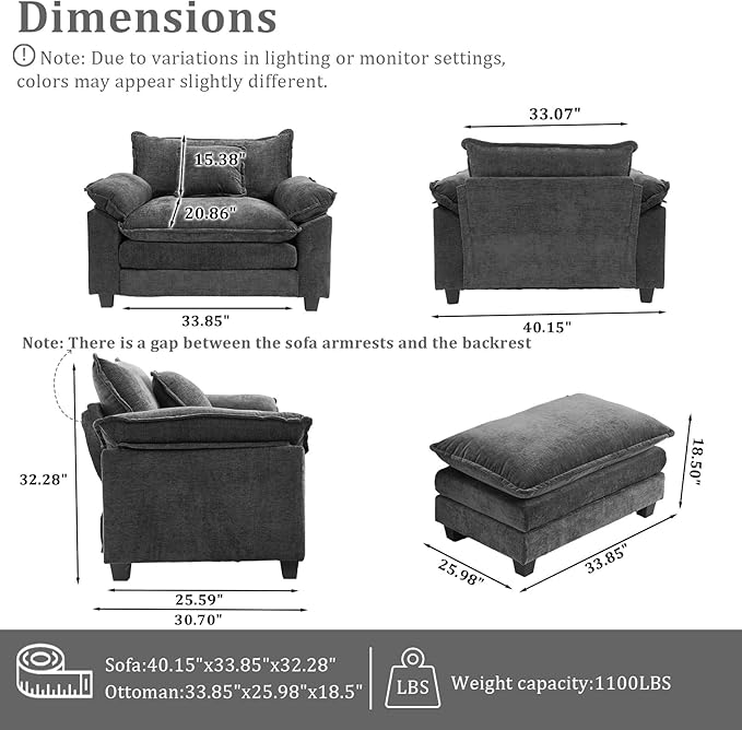Oversized Accent Chair with OttomanOversize Chair Chenille Sofa with ArmrestsComfy Living Room Sofa with Deep Seat &amp PillowsOversized Reading Accent Chairs Couch Lounge for Bedroom (Grey)
