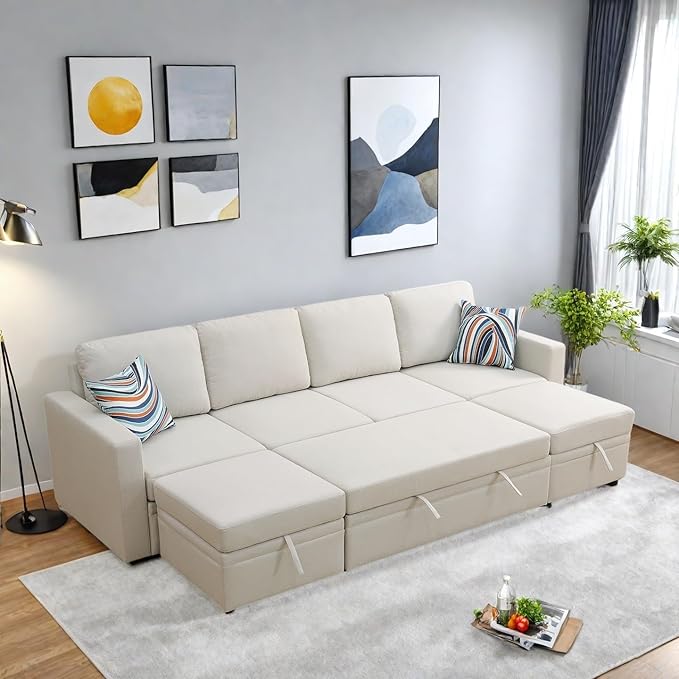 FONTOI 102 Inch L Shaped Sectional Couch with Pull Out Bed 6-Seat Sleeper Sofa with Storage Ottoman Convertible Sofa Bed for Living Room Apartment Off White