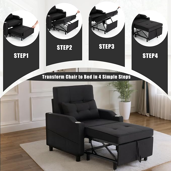 Sleeper ChairSingle Armchair Sofa with PillowAdjustable Backrest Recliner Sofa Modern Pull Out Couch Bed with USB Port Cup Holder Side Pocket for Living Room Bedroom(Black)