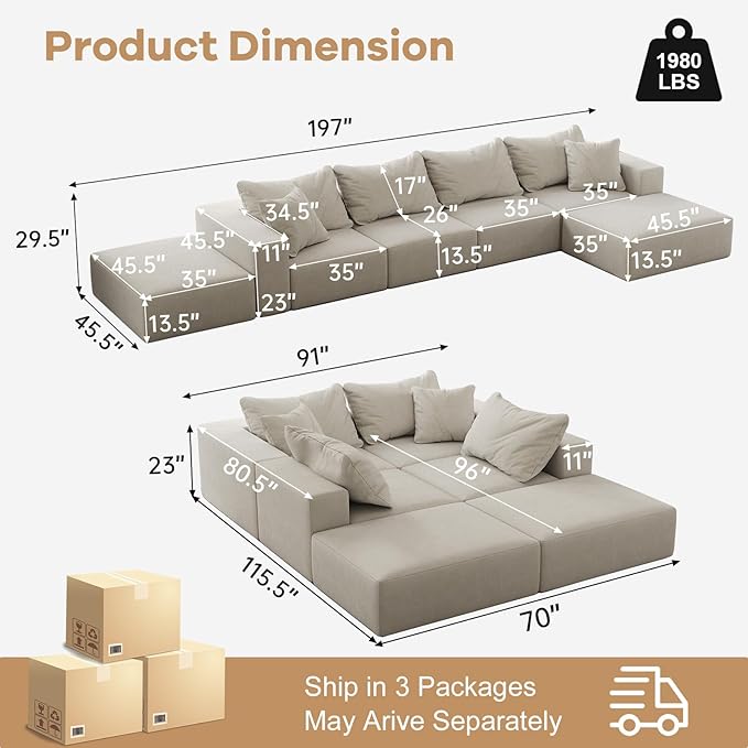 197” Modular L-Shaped Sectional Sofa Cloud Chenille Couch with 6 Pillows No-Assembly Customizable Sofa for Living Room &amp Bedroom Beige