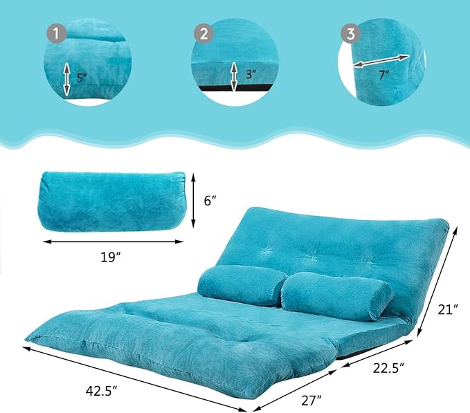 Giantex Adjustable Floor Sofa Couch Multi-Functional 6-Position Foldable Lazy Sofa Sleeper Bed Blue Corduroy Iron Frame 70.5 x 42.5 x 7