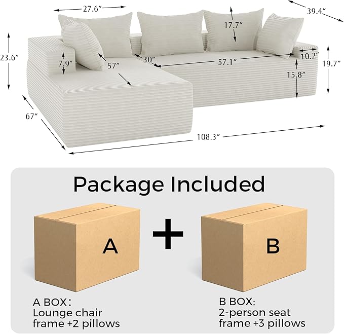 108Modern Sectional SofaModular Convertible L-Shape SofasUpholstered Couches with Deep SeatPet-Friendly Sponge Sofa for Living Room BedroomSofa bed for small space (Beige Left facing chaise)