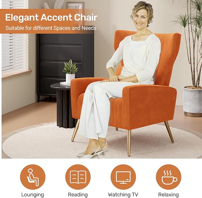 Velvet Accent Chair Set of 2Wingback for Living Room High Back Arm Chair with Golden Legs Lumbar Pillow Upholstered Single Sofa Bedroom Orange