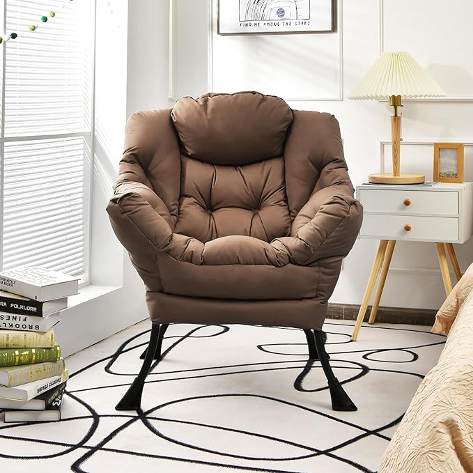 Giantex Modern Lazy Chair Accent Contemporary Lounge Chair Polyester Fabric w/Steel Frame Upholstered Single Sofa Chair w/Armrests &amp Side Pocket Leisure Sofa Chair (Brown)