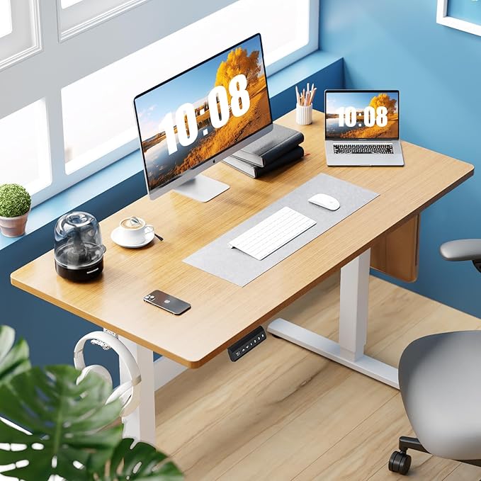 Sweetcrispy Electric Standing Desk Adjustable Height 48x24 Inch Sit Stand Up Home Office Desks Computer Workstation PC Work Table with 3 Memory Preset Splice Wood Board Metal Frame Oak