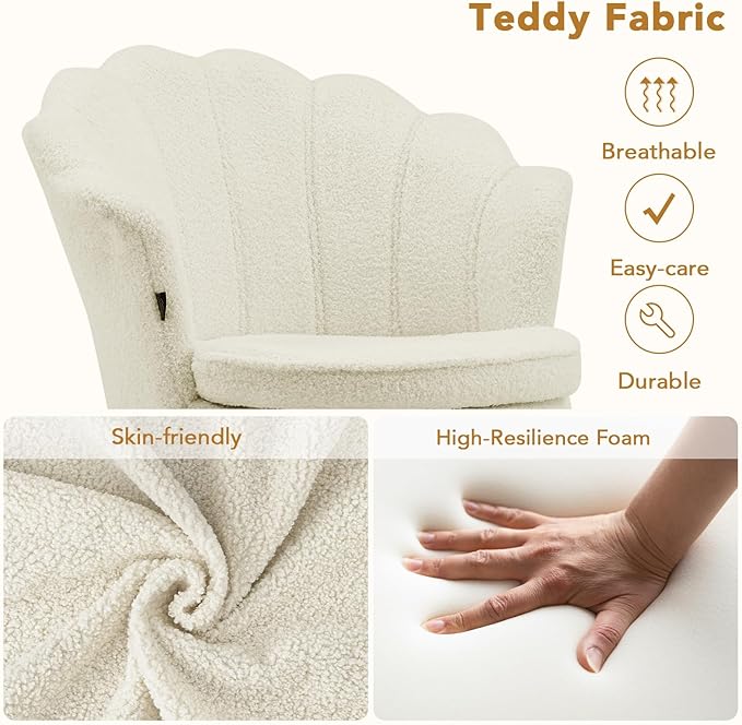 Furniliving Sherpa Vanity Chair Shell Accent Chair for Living Room Upholstered Accent Chair with Gold Metal Legs Makeup Chair for Vanity Armchair Guest Chairs Side Chair for Bedroom (White 2)