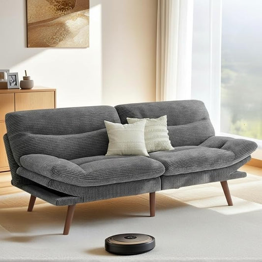 Pipishell Futon Sofa Bed 66 Inch Corduroy Futon Couch Convertible with Adjustable Backrest and Armrests Recliner Sleeper Sofa for Small Spaces Living Room Office Guest Room (Grey 66 Inch)