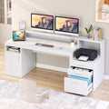 Computer Desk with 3 Drawer &amp Storage Shelves Home Office Desk with File Drawer &amp Cabinet Writing Study Table with Long Monitor Stand &amp Printer Shelf Executive Desk White