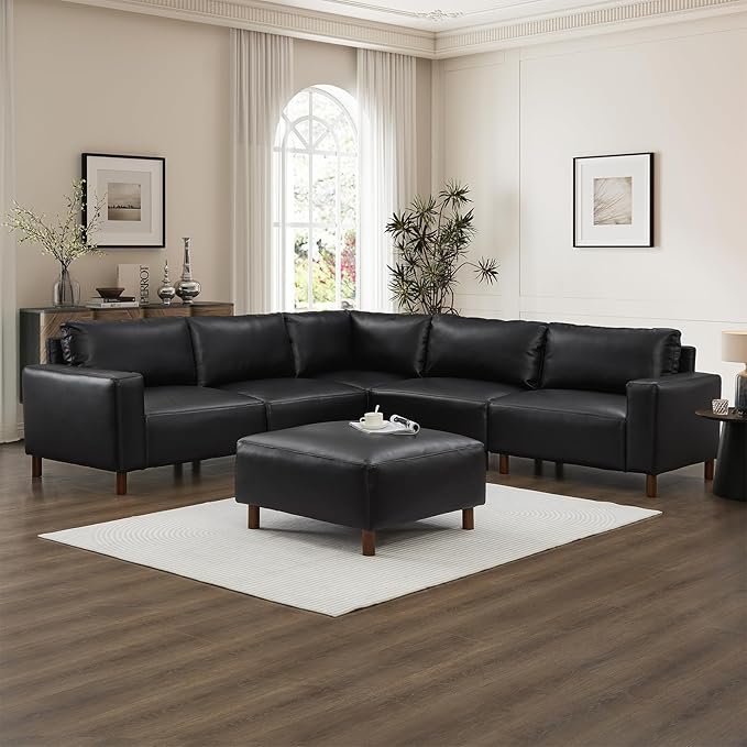 Mid-Century Modern Sofa with Movable Ottoman PU Leather V-Shaped Couch with Solid Wood Legs Comfy Modular Sectional Sofa Upholstered Cozy Couch for Living Room Bedroom Apartment(104W Black)