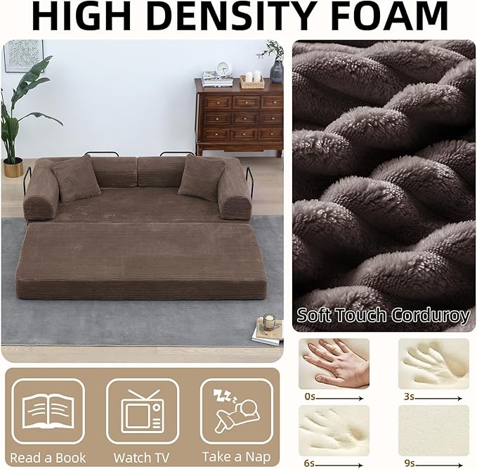 Convertible Folding Sofa BedFold Out Floor Sofa Couch with Fixed-Shape FrameCorduroy Foldable Mattress Cloud Couch for Living Room Bedroom (Brown 78 Inch)