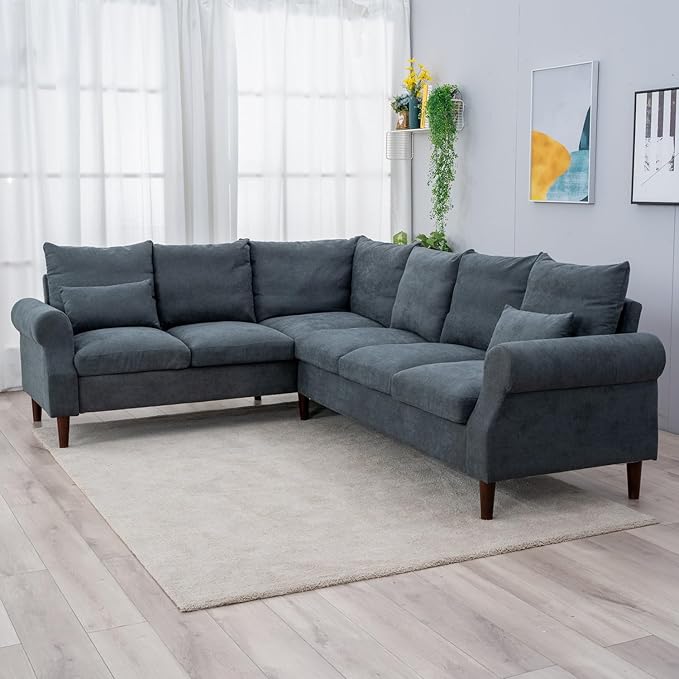 Panana 6 Seater Corner Sofa Modern Rolled Arms Design L Shaped Couch Settee for Living Room (Gray 6 seat L Shaped Corner Sofa)