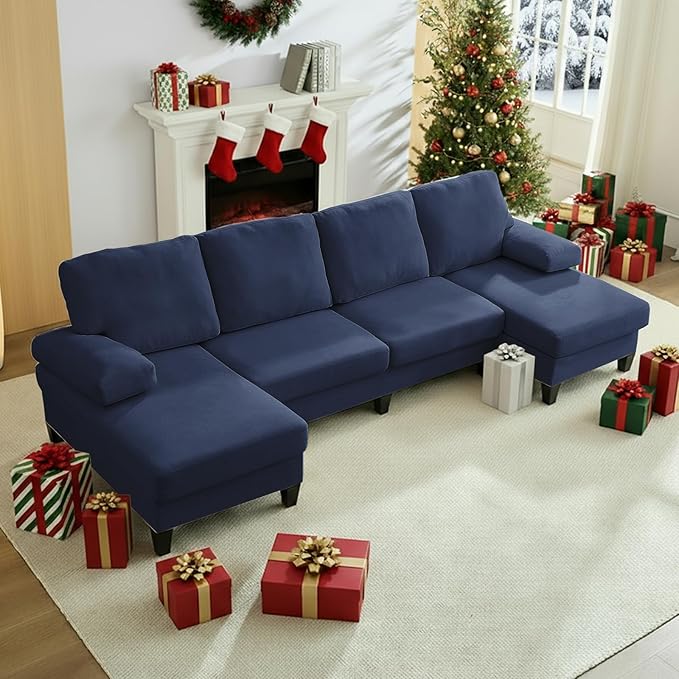 Mjkone 110 Width Sectional Couches with Chaises for Living Room U Shaped Cloud Sofa Couch with Ice Velvet Fabric Minimalist 4 Seater Sofa Set Living Room Sets Furniture for Home Office Blue