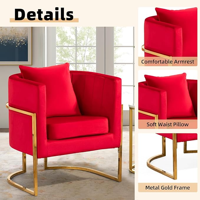 Velvet Modern Accent Chair Upholstered Barrel Armchair Mid Century with Pillow for Living Room Comfy Single Vanity Chair with Metal Gold Legs for Bedroom Rose Red