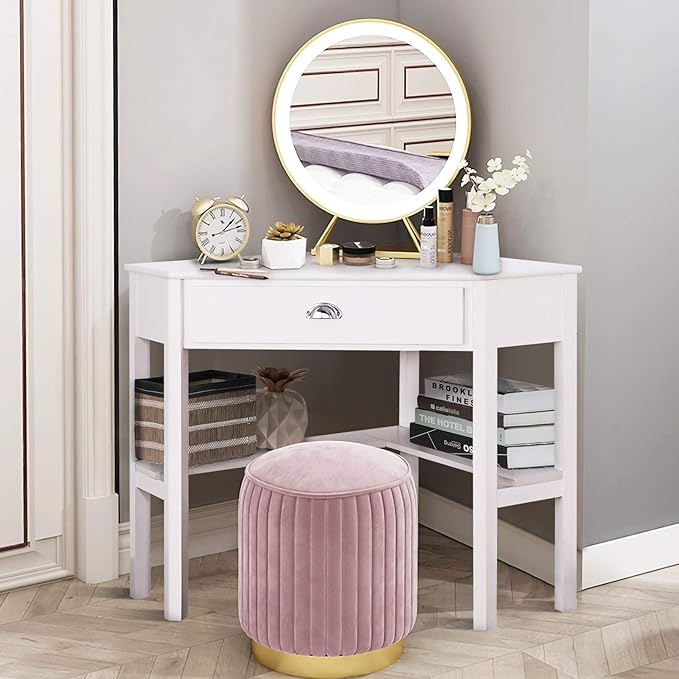 COSTWAY Corner Desk Writing Corner Computer Desk with Drawer for Small Space Wood Makeup Vanity Desk Small Corner Desk with Shelves Office Study Workstation White Corner Desk (White)