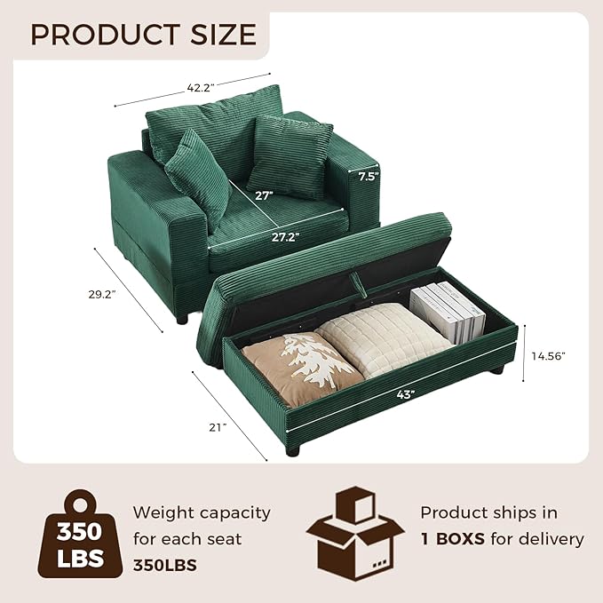 Chaise Lounge Chair IndoorOversized Corduroy Upholstered Sofa Bed with Removable Storage Ottoman Small Cloud Sofas for Living Room Comfy Deep Seat Sleeper Couch Reading Chairs (Green)