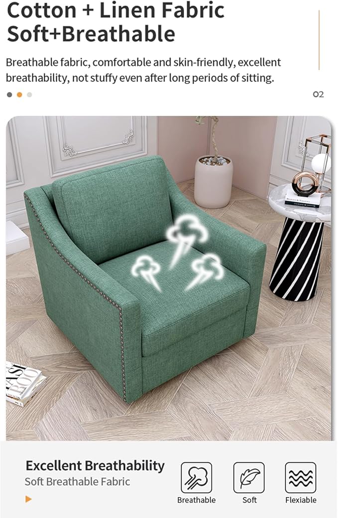 360 Degree Swivel Armchair Cotton Linen Skin-Friendly Fabric Ergonomic Design Brass Nail Decorative Armchair Living Room Chairs Bedroom Chairs Living Room Chairs Black Legs Suitable for Indoor Homes