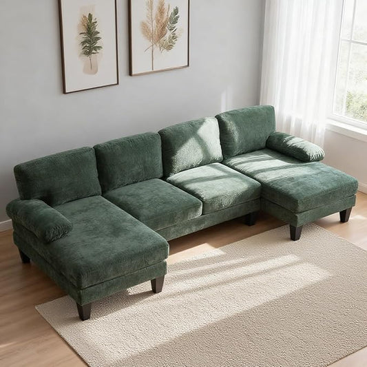 Karl home U-Shape Sectional Sofa Couch 111 Modern 4-Seat Sofa with Chaises Chenille Fabric Upholstered Covertible Couch with Wood Grain Legs for Living Room Reception Room Apartment Green