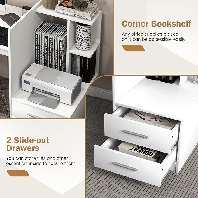 Tangkula White Desk with 2 Storage Drawers &amp Bookshelf Home Office Desk with Corner Bookshelf &amp Printer Stand Small Writing Study Desk for Small Space Modern Vanity Table for Bedroom (White